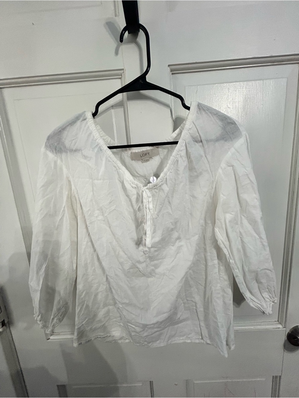 LOFT White Peasant Top with Tie Neck